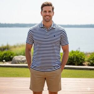 Polo Ralph Lauren Men Classic Fit Navy White Stripe Short Sleeve Polo Shirt L